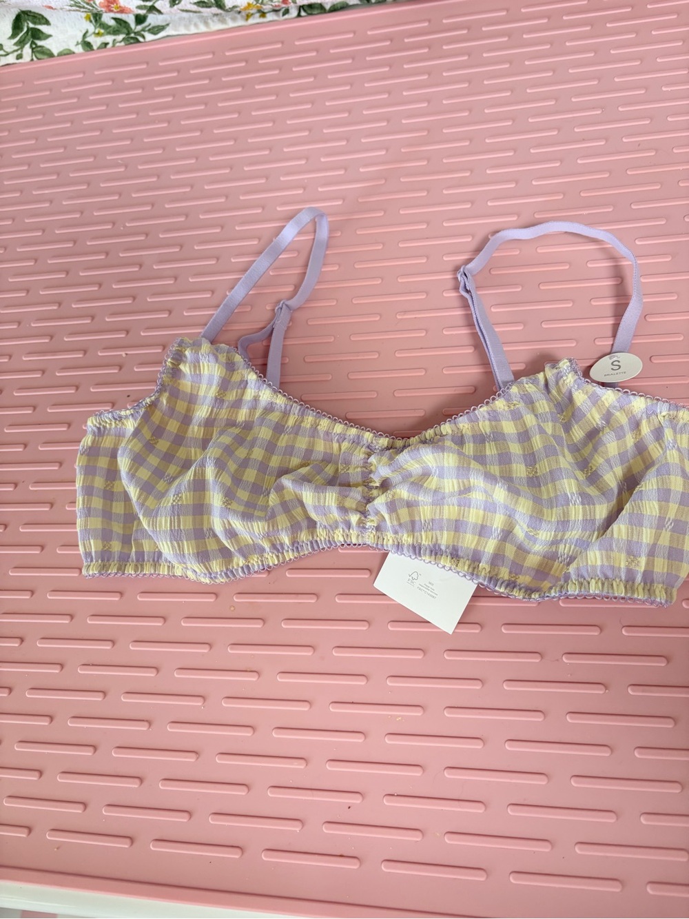 COTTON-ON DOTTIE WOVEN SCOOP BRALETTE IN LAVENDER/YELLOW CHECK NWT / SM